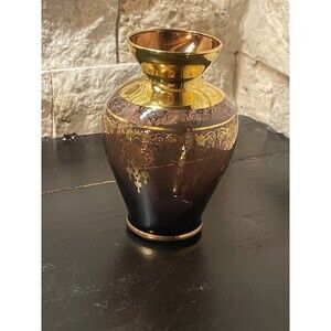 Vintage Vecchia Murano Glass Bud Vase Purple And Gold Accents 5"